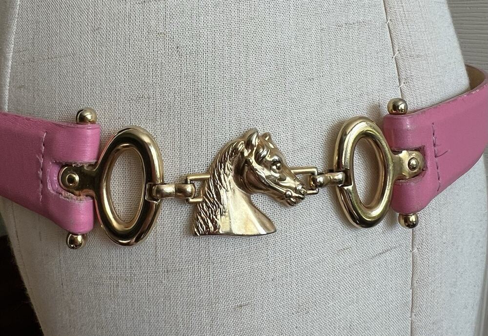 WORTH Women's Pink Leather Gold-Tone Horse Head Bit Equestrian Belt Sz M Spain